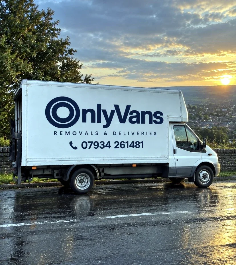 OnlyVans branded Luton removals van at sunset